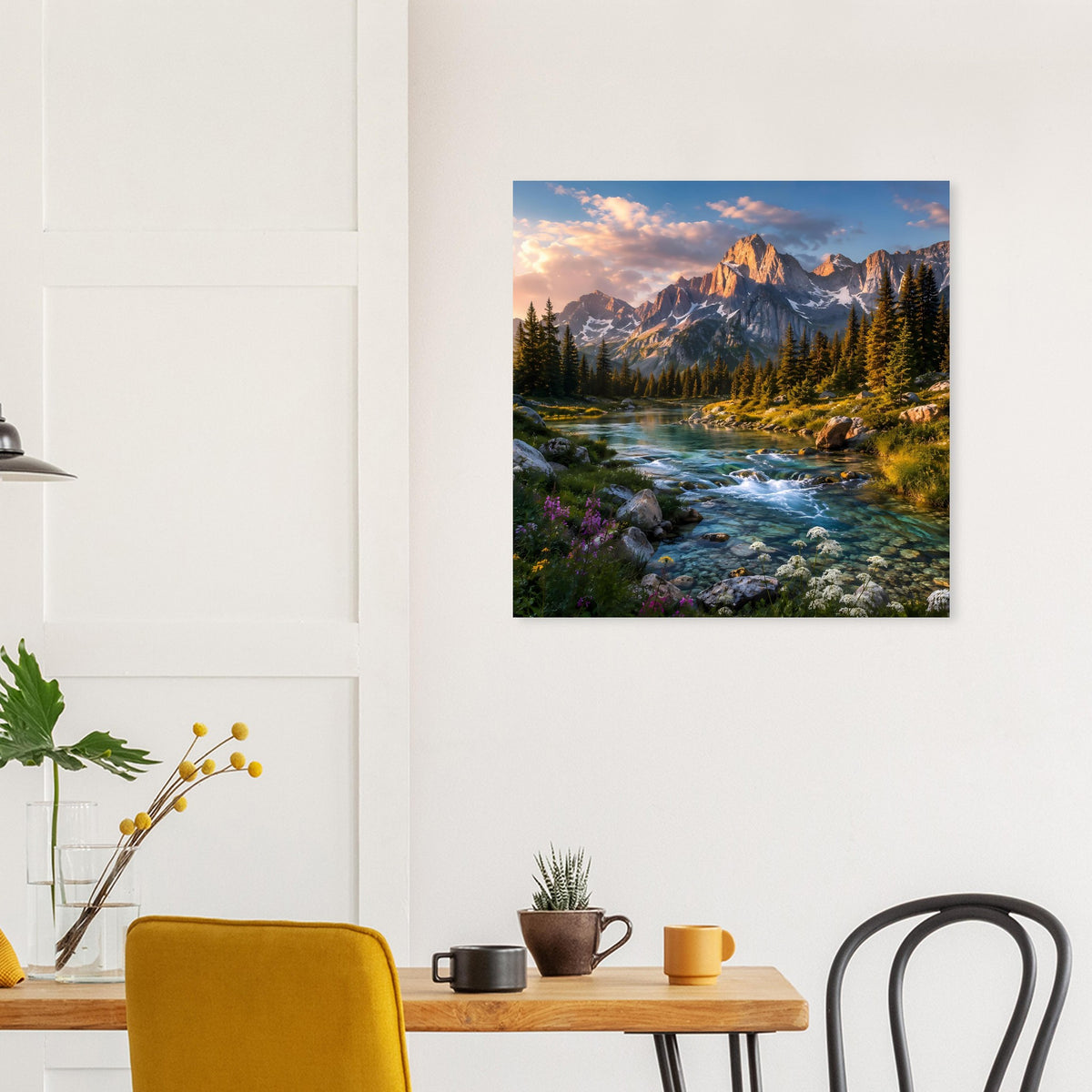 Quadratisches Landschaftsposter mit Alpenlandschaft, Bachlauf und blauem Rand