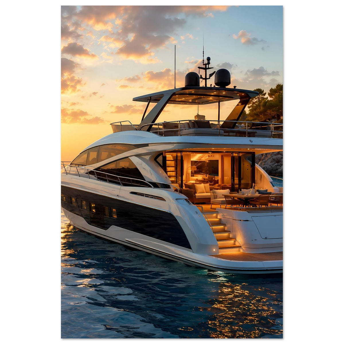Motoryacht-Poster: weiße Luxus-Motoryacht, vertikal zugeschnitten, beleuchtete Kabine