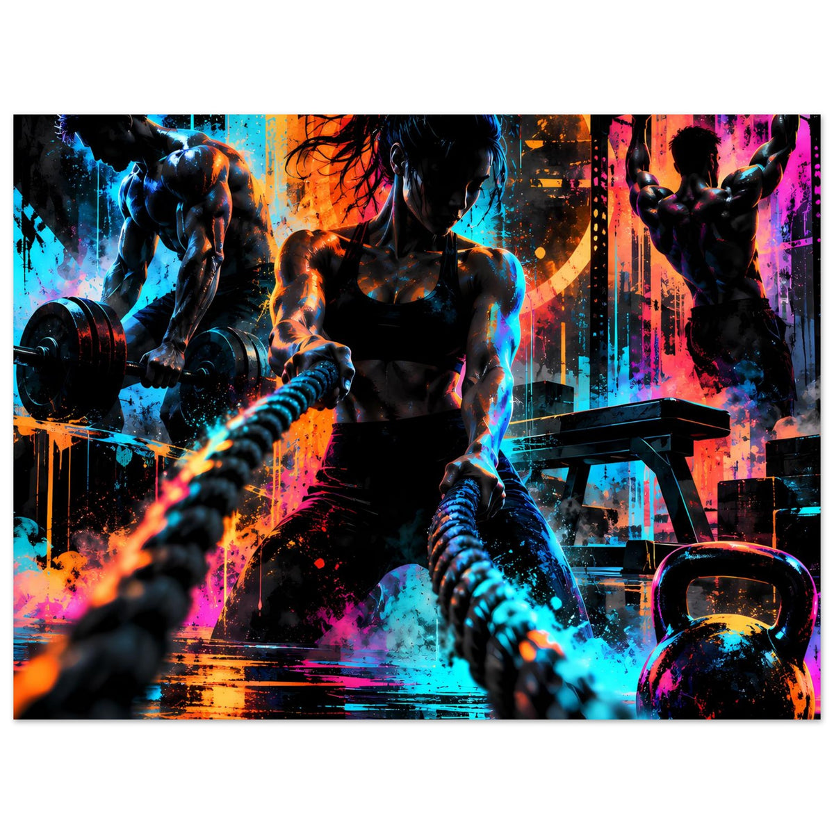 Neon-Fitnessposter im Querformat mit Sportlern, Kettlebell unten rechts und Hanteln