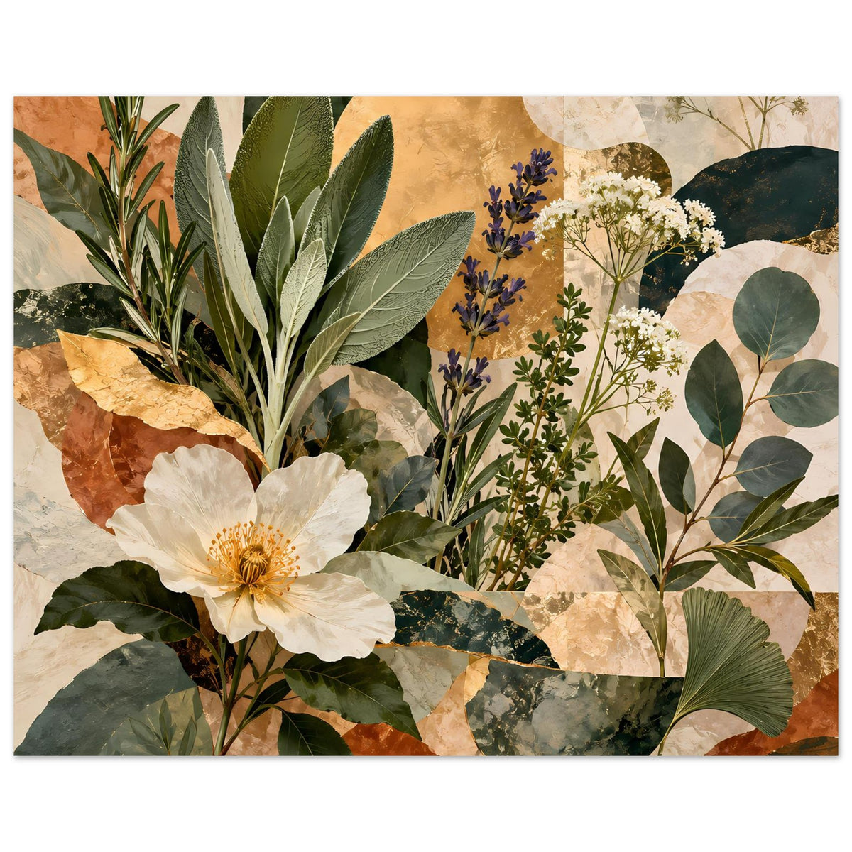 Botanisches Poster mit weißer Blüte links, blauen Blütenständen und grünen Pflanzenformen in Wärme