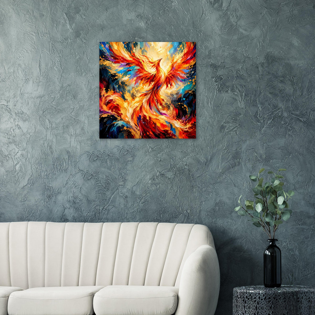 Poster mit leuchtendem Phönix-Motiv, zentraler Vogel mit strahlendem Lichtbogen