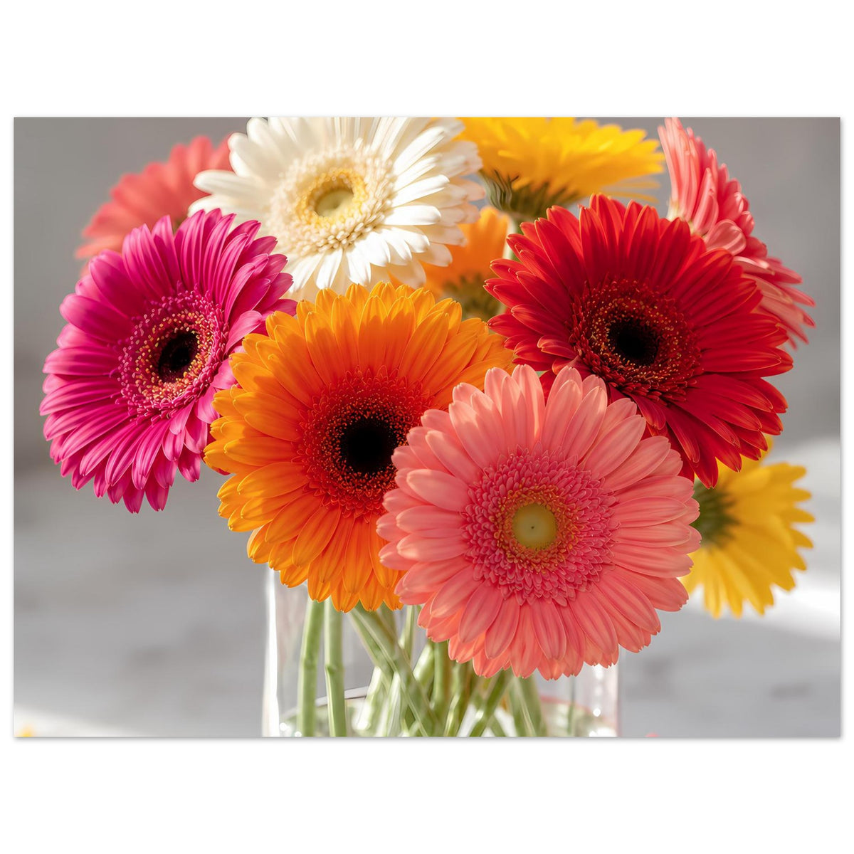 Gerbera-Blumenstrauß-Poster mit bunten Blüten in Vase, auf mattem Papier