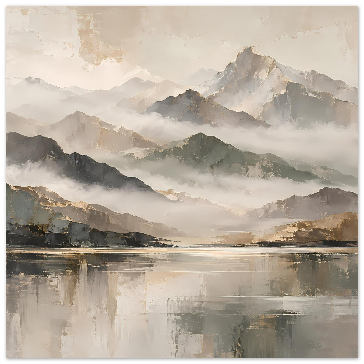 Horizontales Naturposter mit Bergmassiven, Nebelmeer und goldener Uferlinie