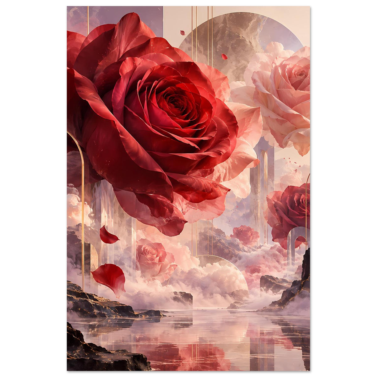 Poster mit roten und rosafarbenen Rosen, abstraktem Wolkenmotiv