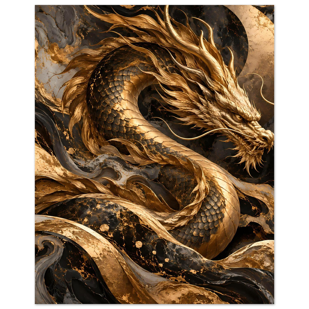Fantasy-Poster: goldener Drache, Schlangenkörper im Vordergrund und Kopf im Detail