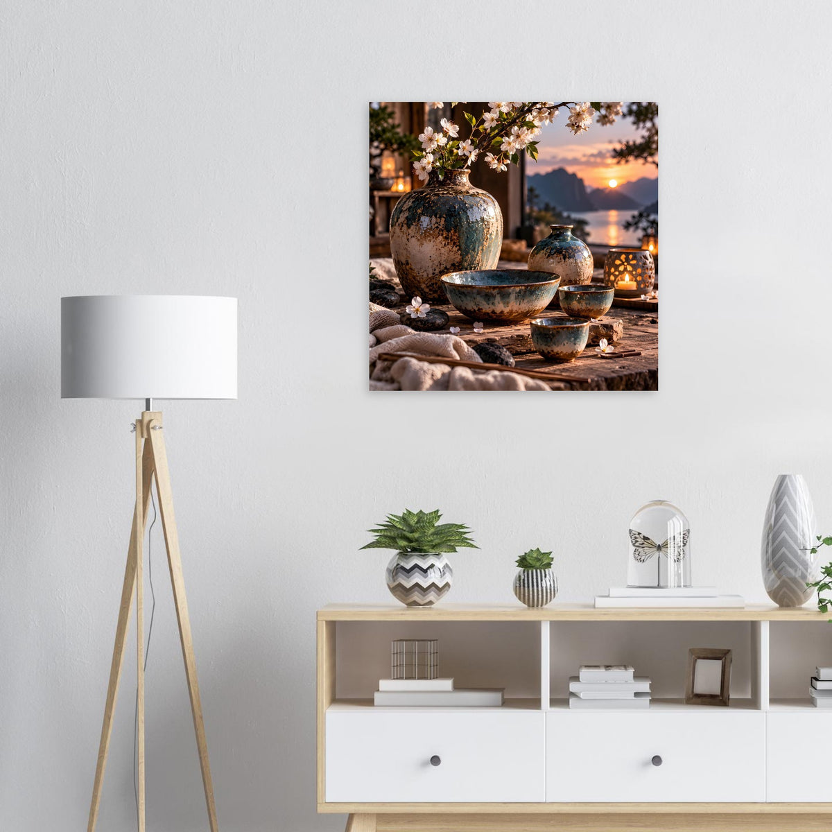 Poster mit japanischer Keramik: blau gesprenkelte Schalen und Vasen mit Kirschblüten, abendliche Szene