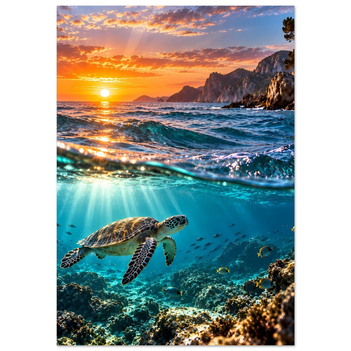 Meer-Schildkröte schwimmt im blauen Wasser, Wandposter mit Sonnenuntergang im Hochformat