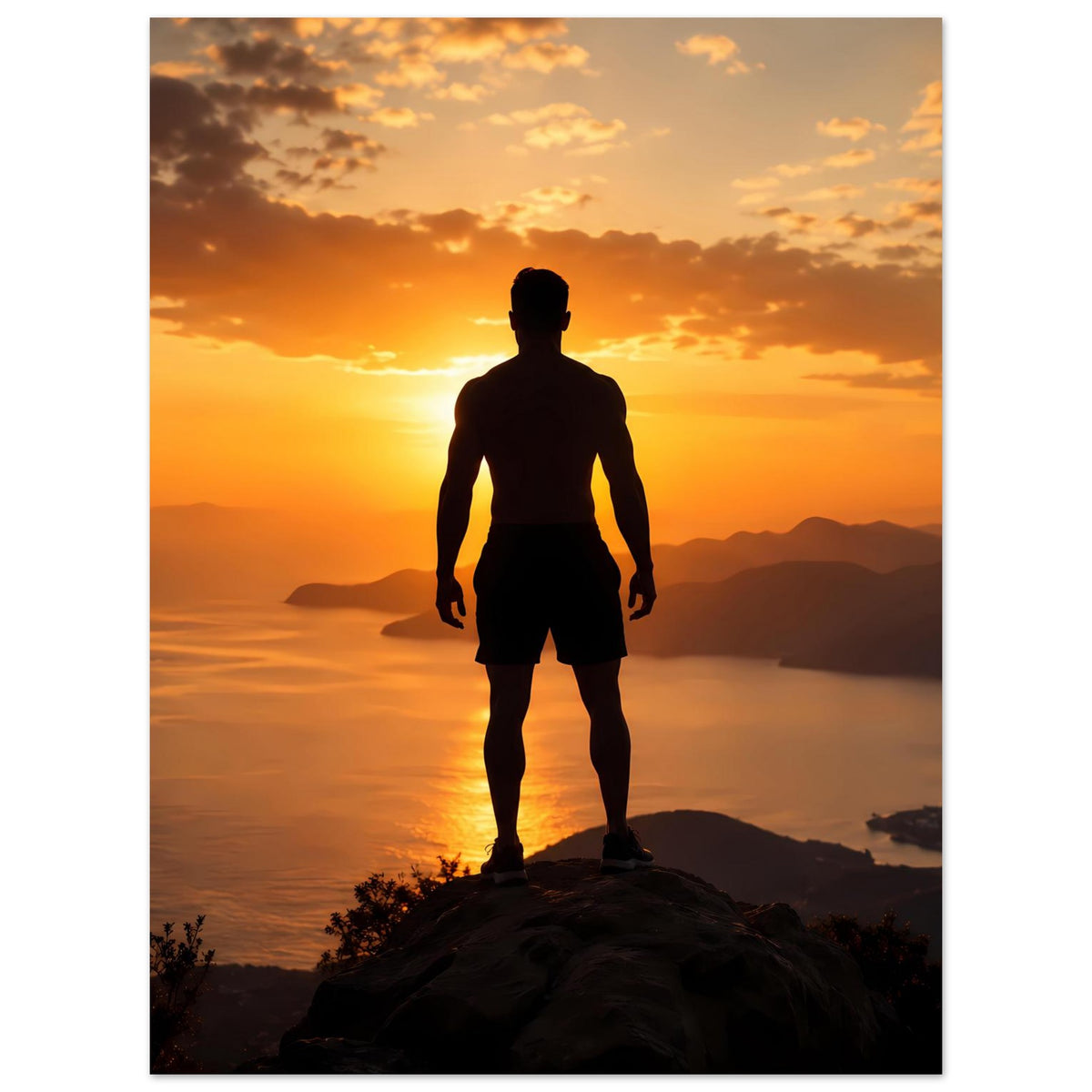 Sonnenuntergangs-Silhouettenposter mit Mann in dunkler Kontur, Hände seitlich am Körper