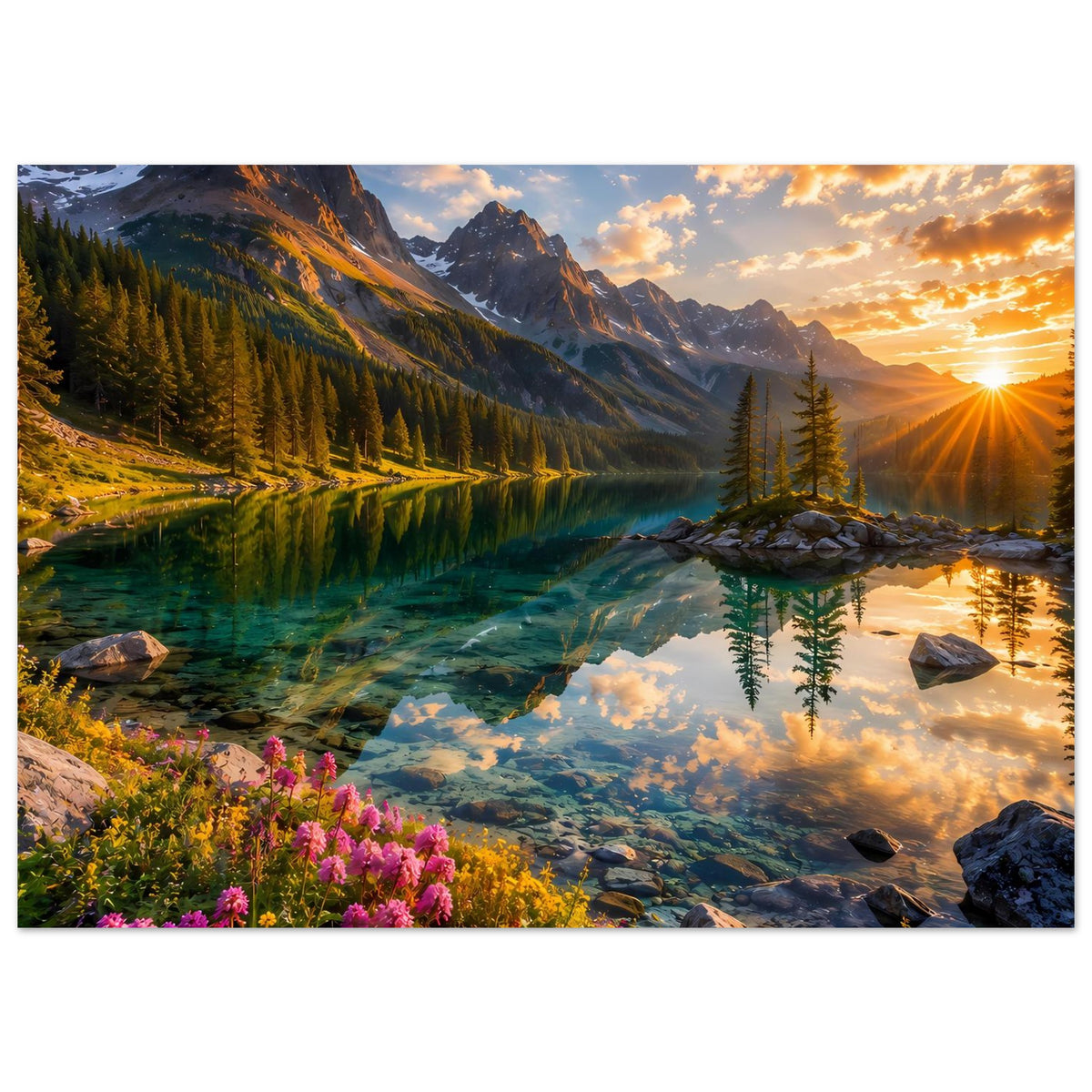 Landschaftsposter (Querformat): Berge, See und Baum im Sonnenaufgang mit Blüten vorn