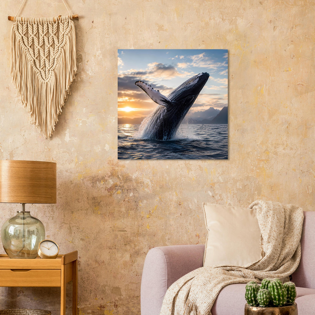 Wandposter: Buckelwal-Szene beim Anschlagen aus dem Wasser, Sonnenuntergang, blaue Umrandung