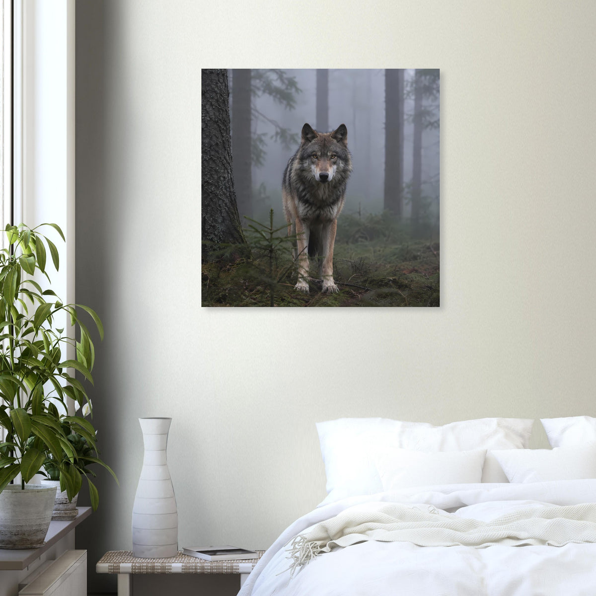 Quadratisches Poster mit Wolf im Wald, stehender Wolf mit dunklem Fell vor Bäumen