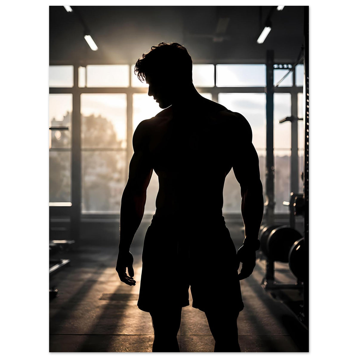 Vertikales Fitnessposter: Silhouette eines Athleten in dunkler Sportsilhouette