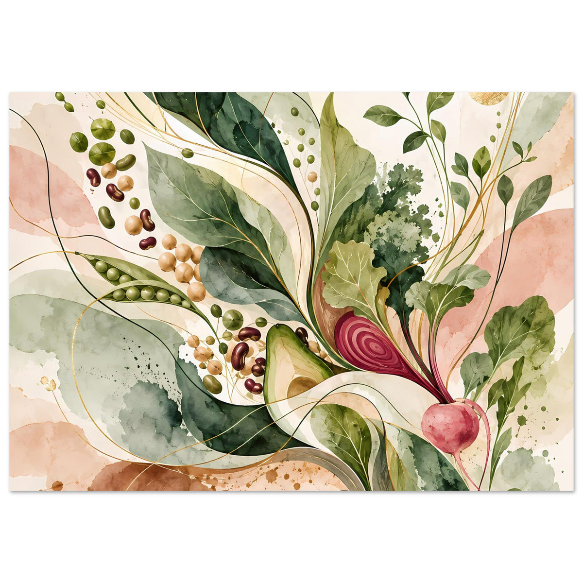 Botanisches Naturposter mit Blättern, Beeren und Gemüse in Salbeigrün, Beige und Rosé