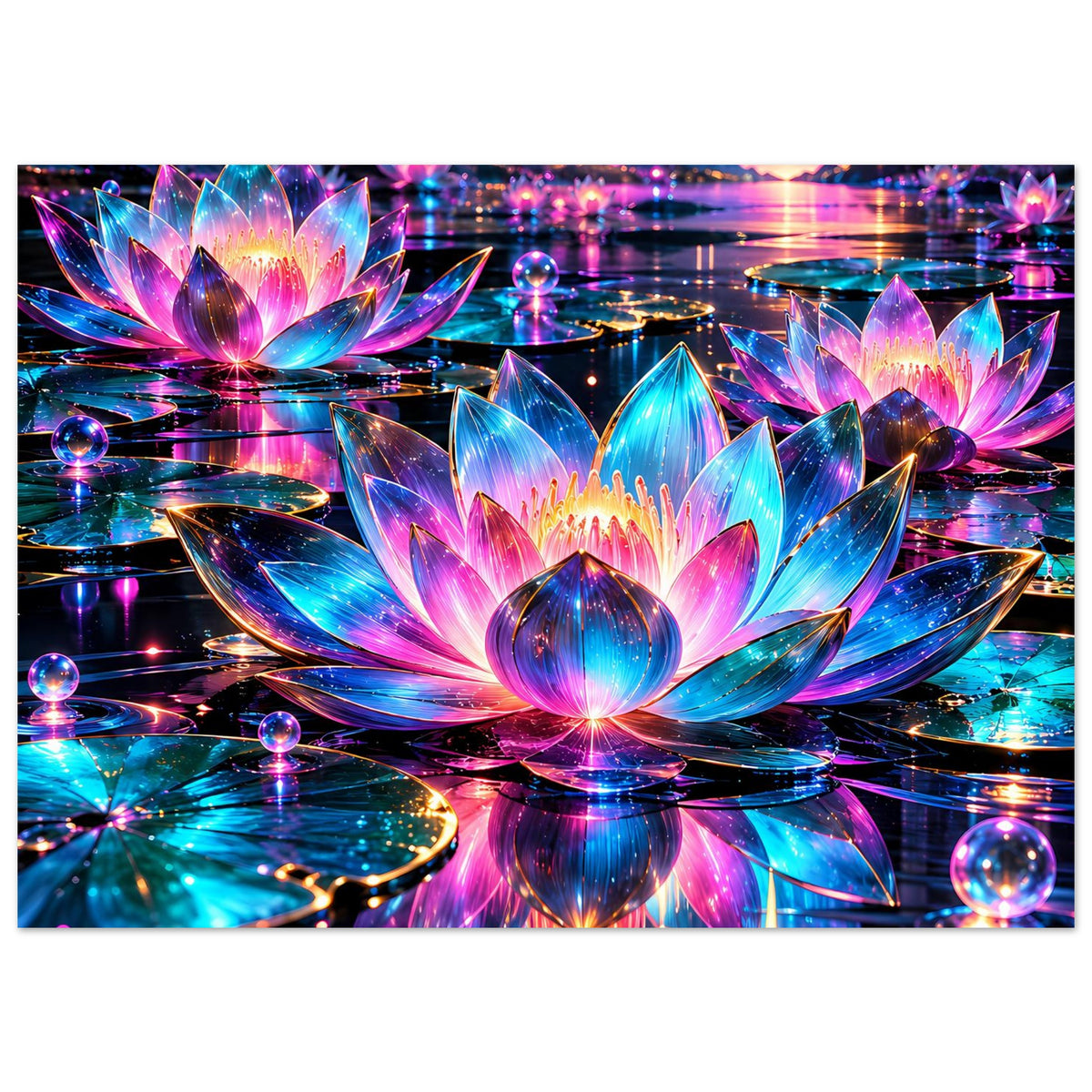 Neon-Lotus Poster, Panorama: große Lotusblüte vorn, weitere Blüten und Lichteffekte im Bild