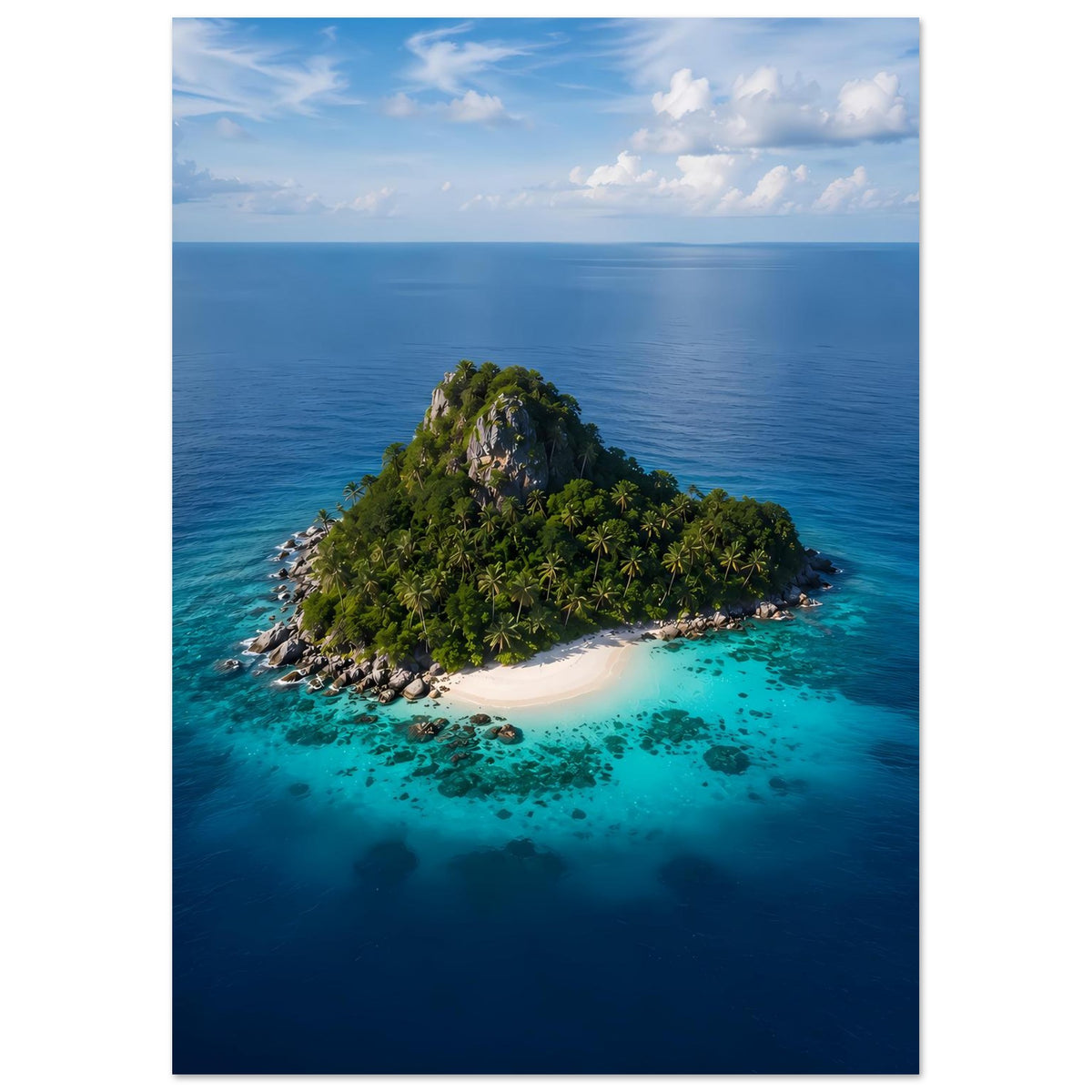 Poster mit tropischer Insel im Meer, grüne Insel und türkis schimmerndes Wasser, hochkant