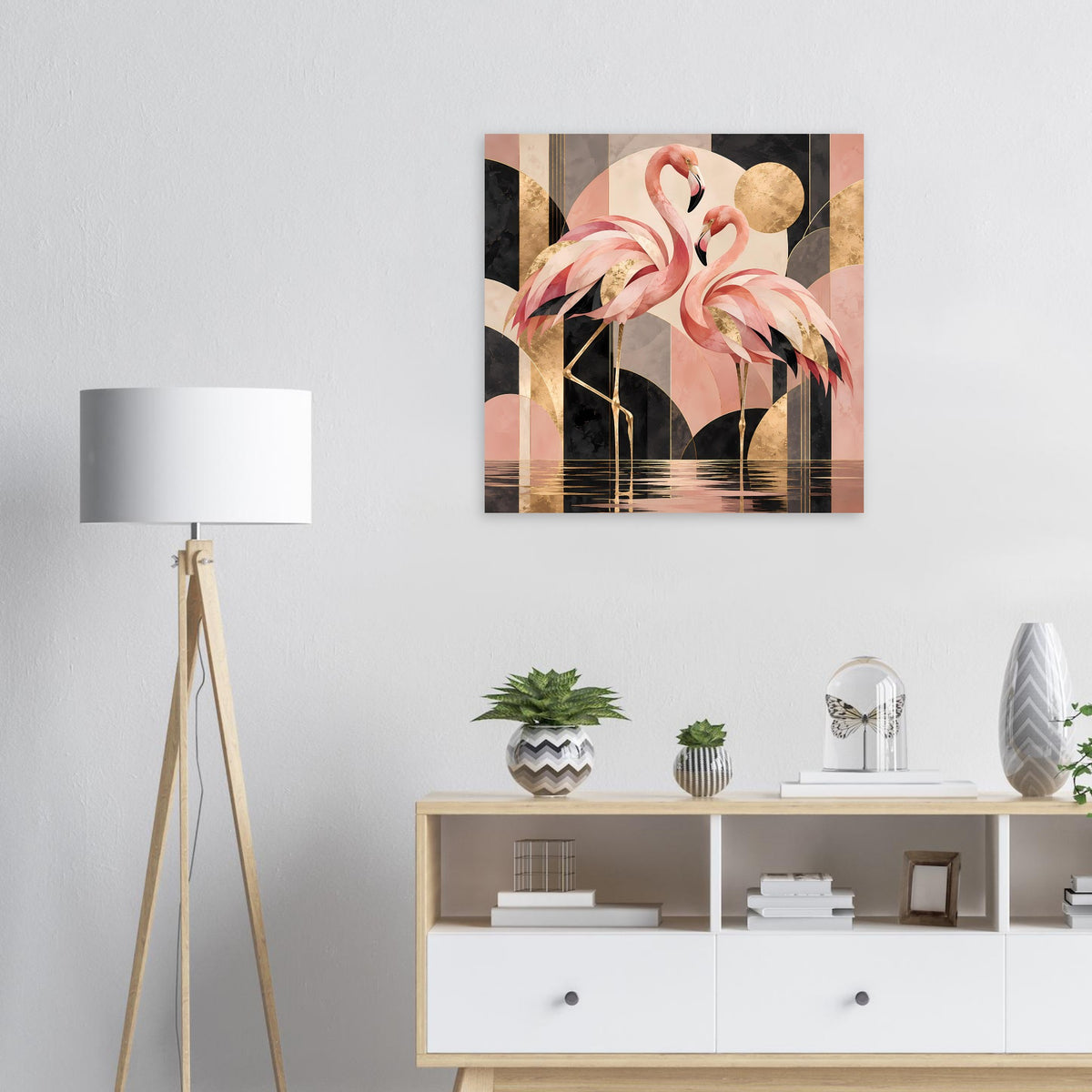 Quadratisches Poster mit Flamingo-Porträt in Rosa und Goldakzenten