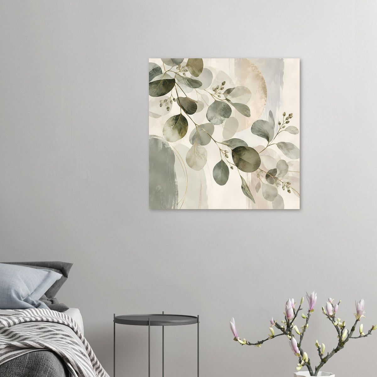 Kleines botanisches Kunstposter mit Blattwerk in Olivgrün und beigen Aquarellnuancen