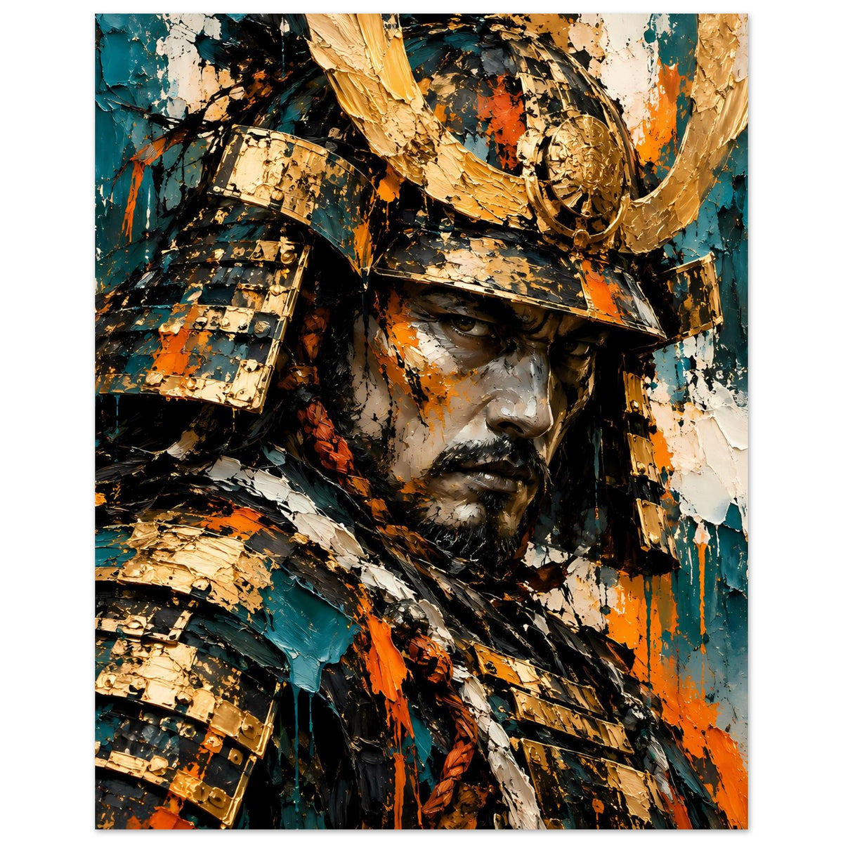 Poster im Hochformat mit Samurai-Krieger, Blick nach vorn, Helm in Gold und Teal