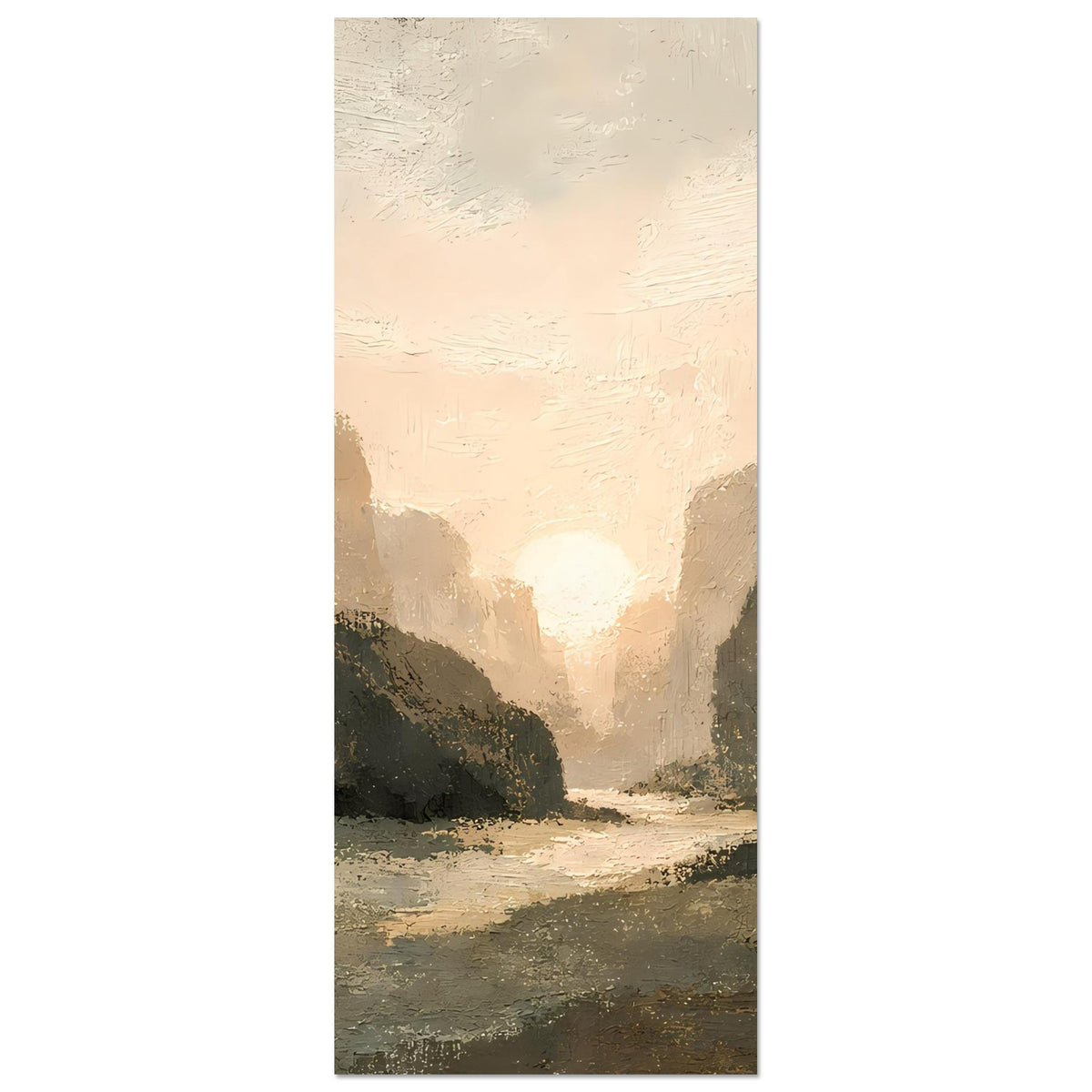 Landschaftsposter (hochkant) mit Felswänden und hellem Sonnenhorizont im Tal