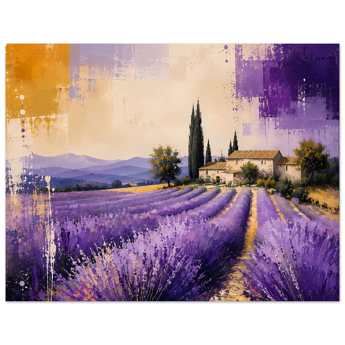 Querformat-Poster mit Lavendelfeld in Violett, Zypressen und Bauernhaus; goldene Akzentbereiche am Rand.