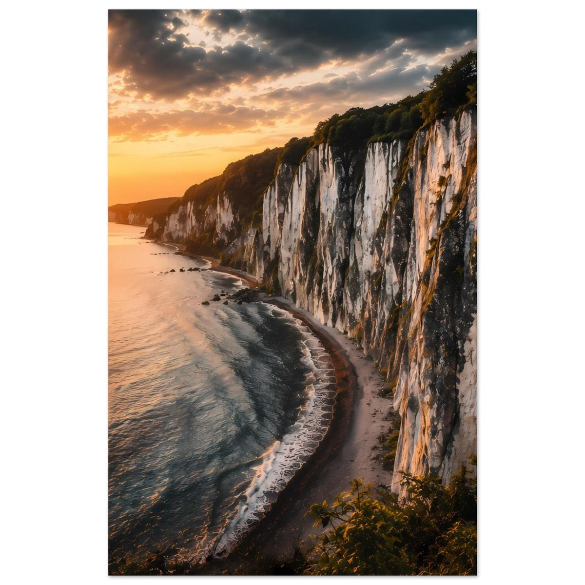 Poster mit Strand und Steilküste, Meer links und Felsen rechts im Abendhimmel