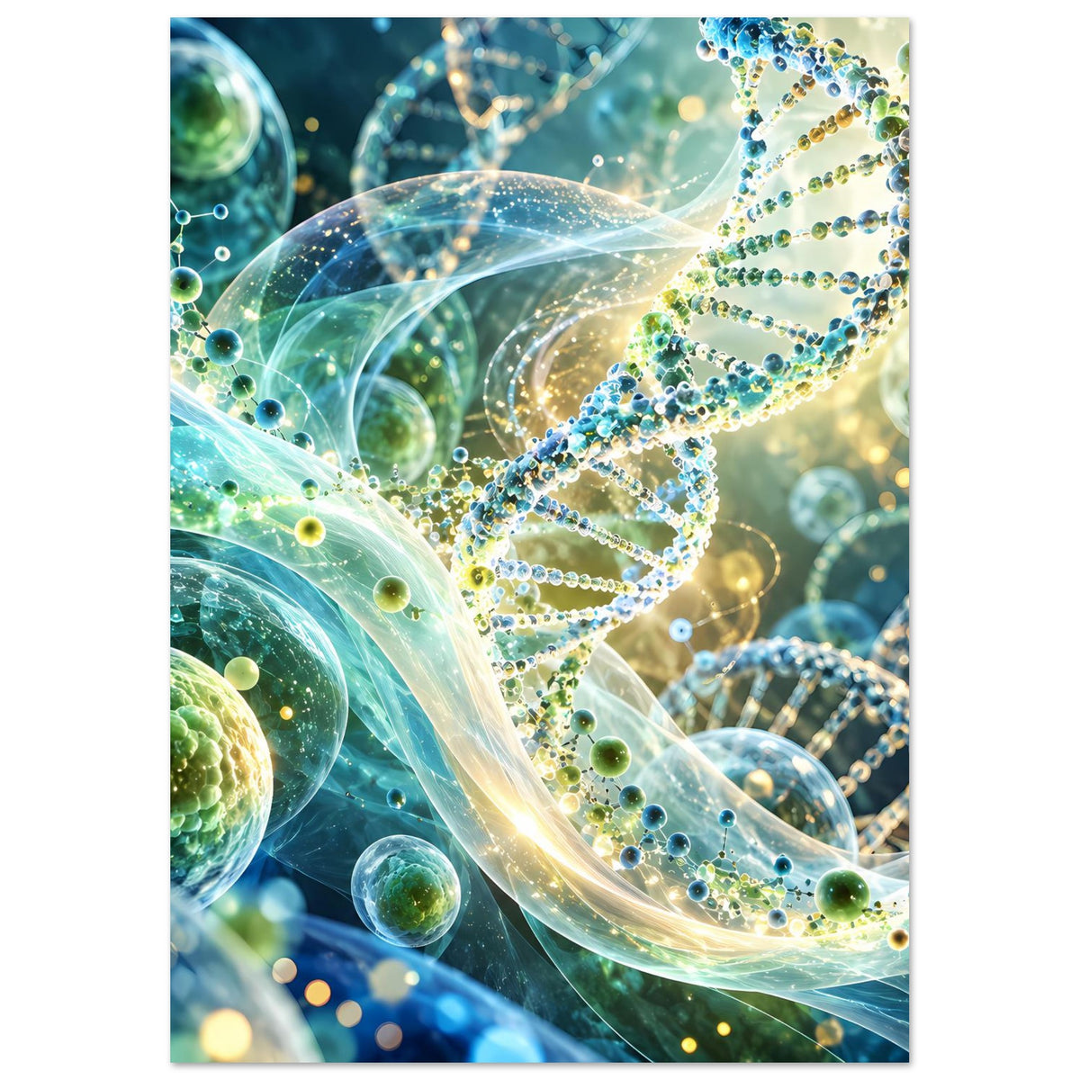 Leuchtendes DNA-Doppelhelix-Biotech-Poster, vertikale Darstellung mit grün-blauer Doppelspirale