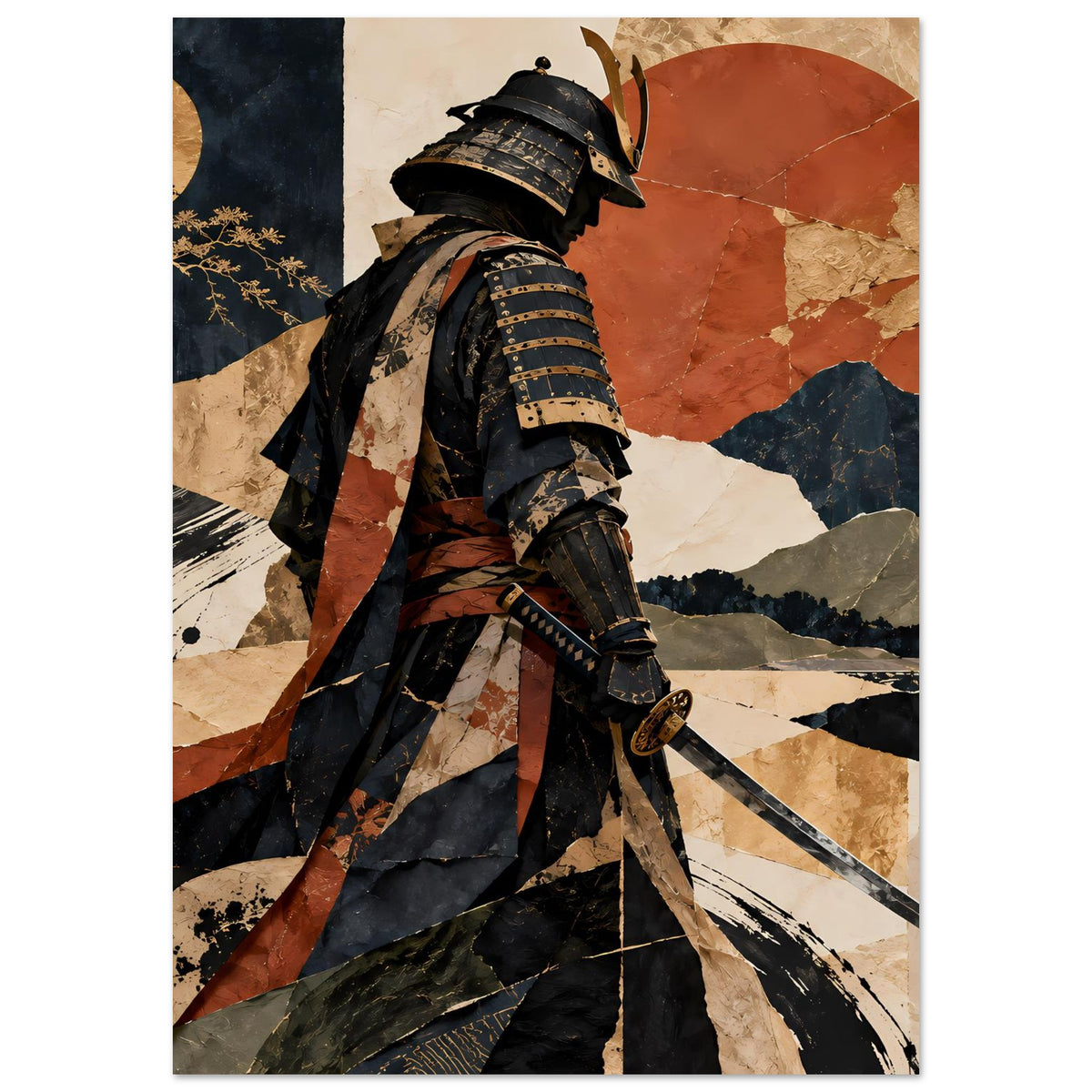 Poster im Hochformat: Samurai mit Rüstungskragen und Schwert, abstrakte Collage in Erdtönen