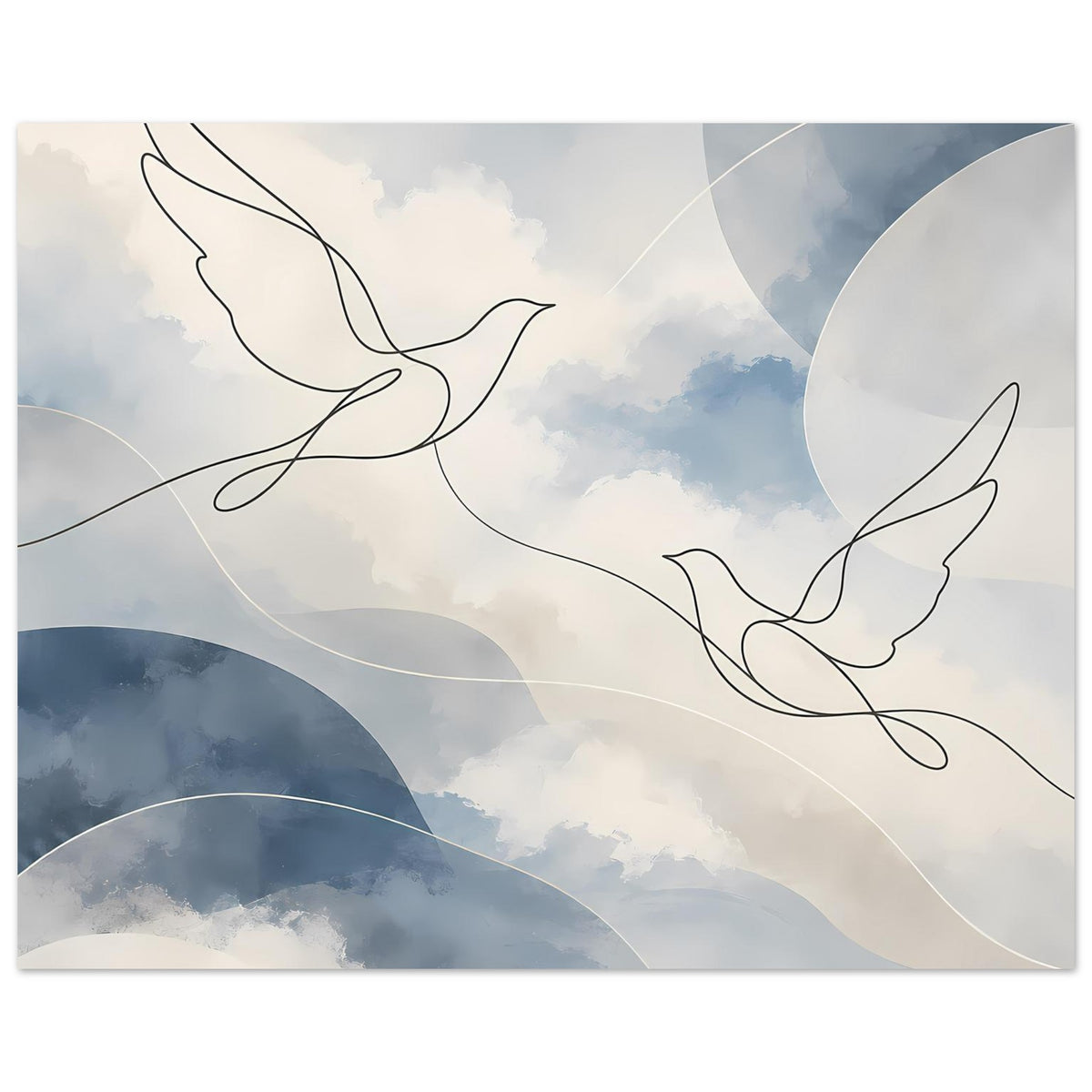 Kunstdruck mit zwei schwebenden Tauben in Blau-Grau-Wolken, abstrakte Kreisflächen