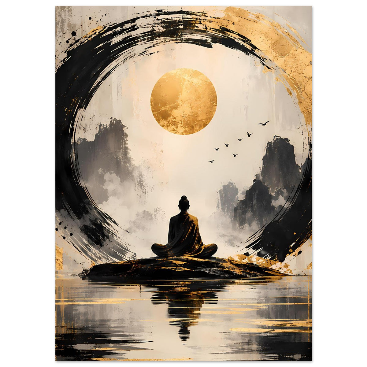 Vertikales Poster mit Meditationsfigur, goldener Sonne, schwarzen Pinselstrichen, Vögeln und Wasserreflex