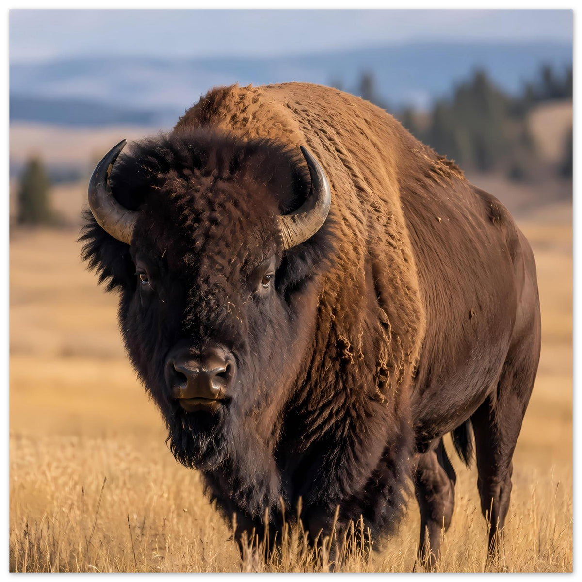 Wildtierposter mit Wisent: großer Körper im Bild, braunes Fell, Blick nach vorn.