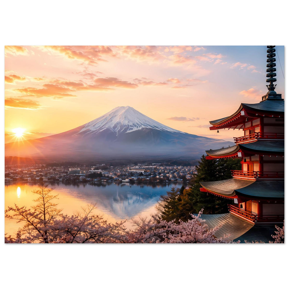 Japanisches Landschaftsposter mit Fuji, Kirschblüten und Tempel an der rechten Seite