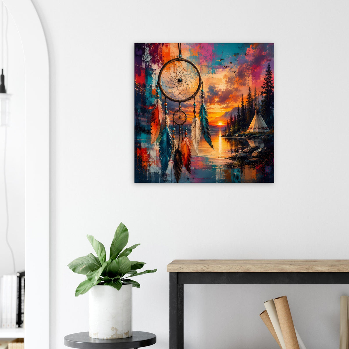 Wandbild mit buntem Traumfänger, runden Scheiben und langen Federn; Abendsonne am See