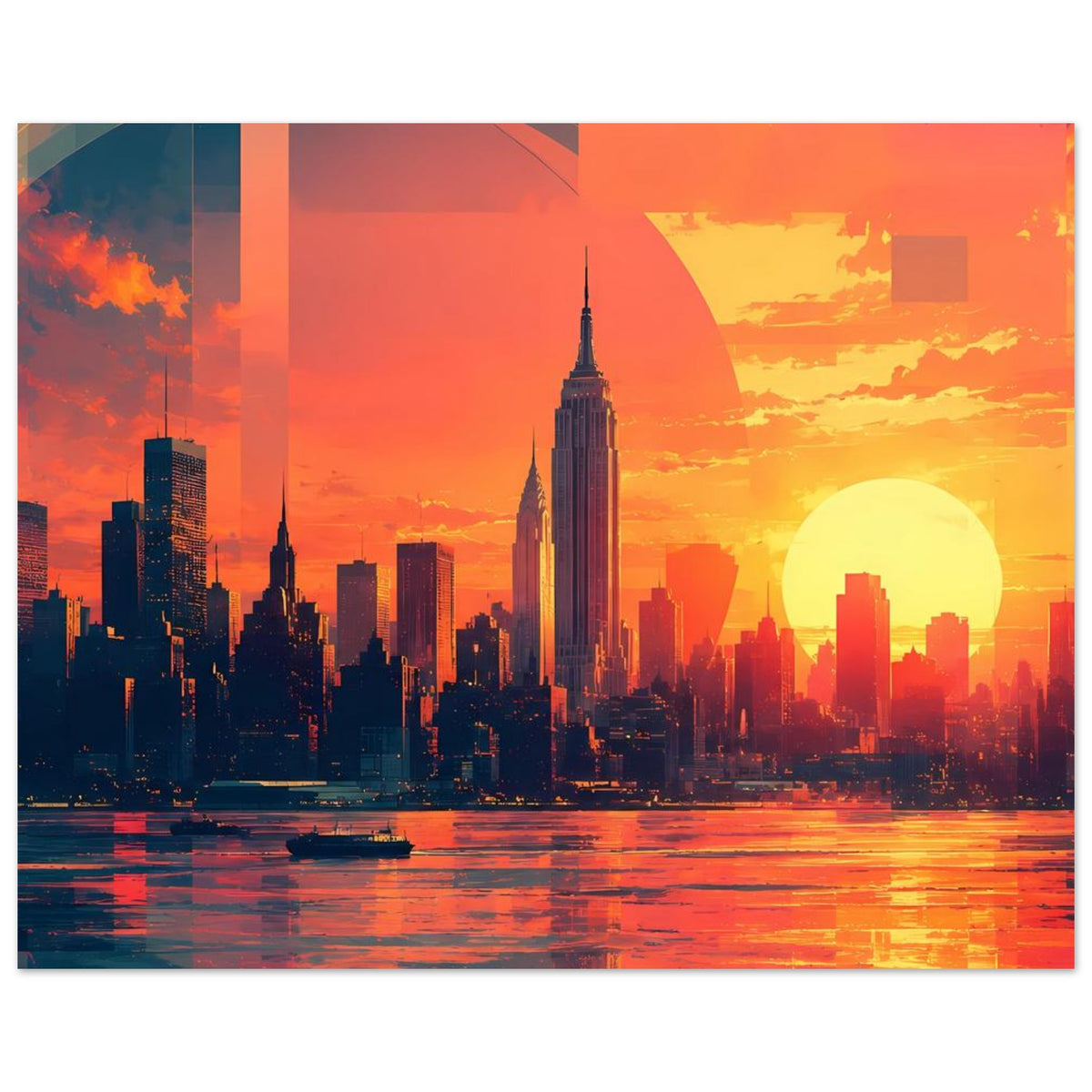 Querformat-Stadtposter mit Skyline, großer Sonne, geometrischen Formen im Hintergrund und Wasser