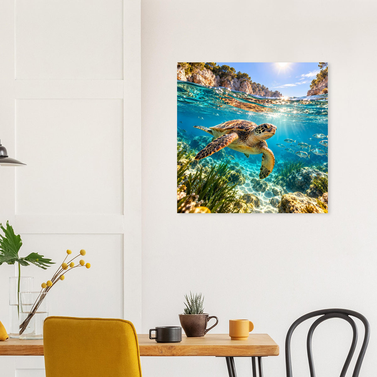 Quadratisches Wandposter mit Schildkröte und Felsen am Küstenrand im Hintergrund
