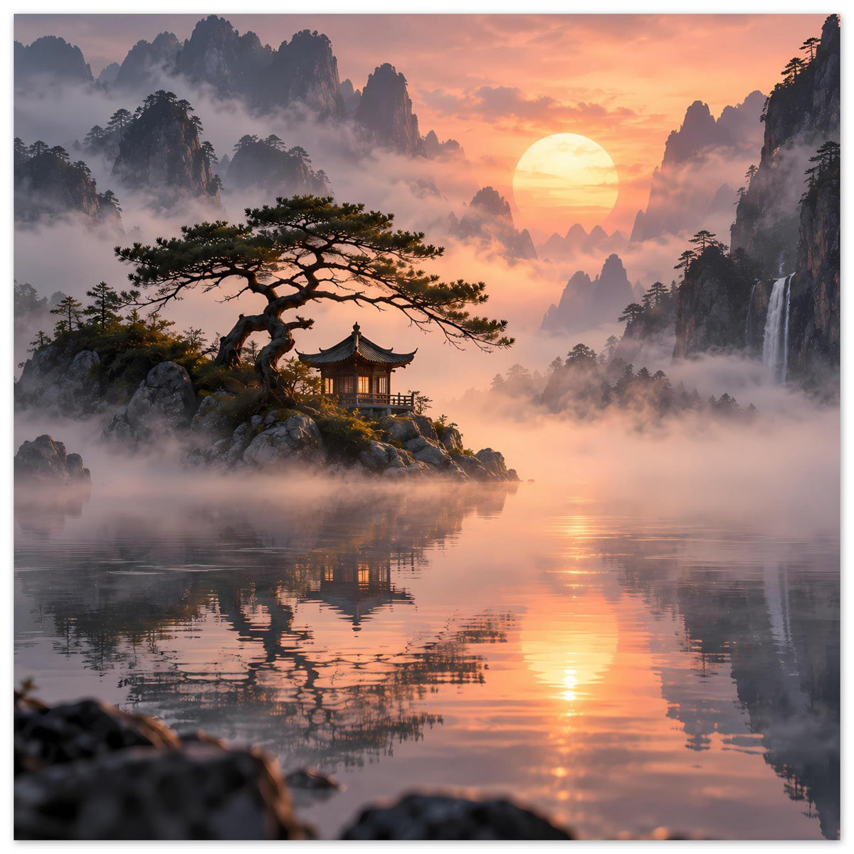 Poster im Vollbild: asiatische Landschaft mit Pagode, See, Nebel und goldener Abendsonne.