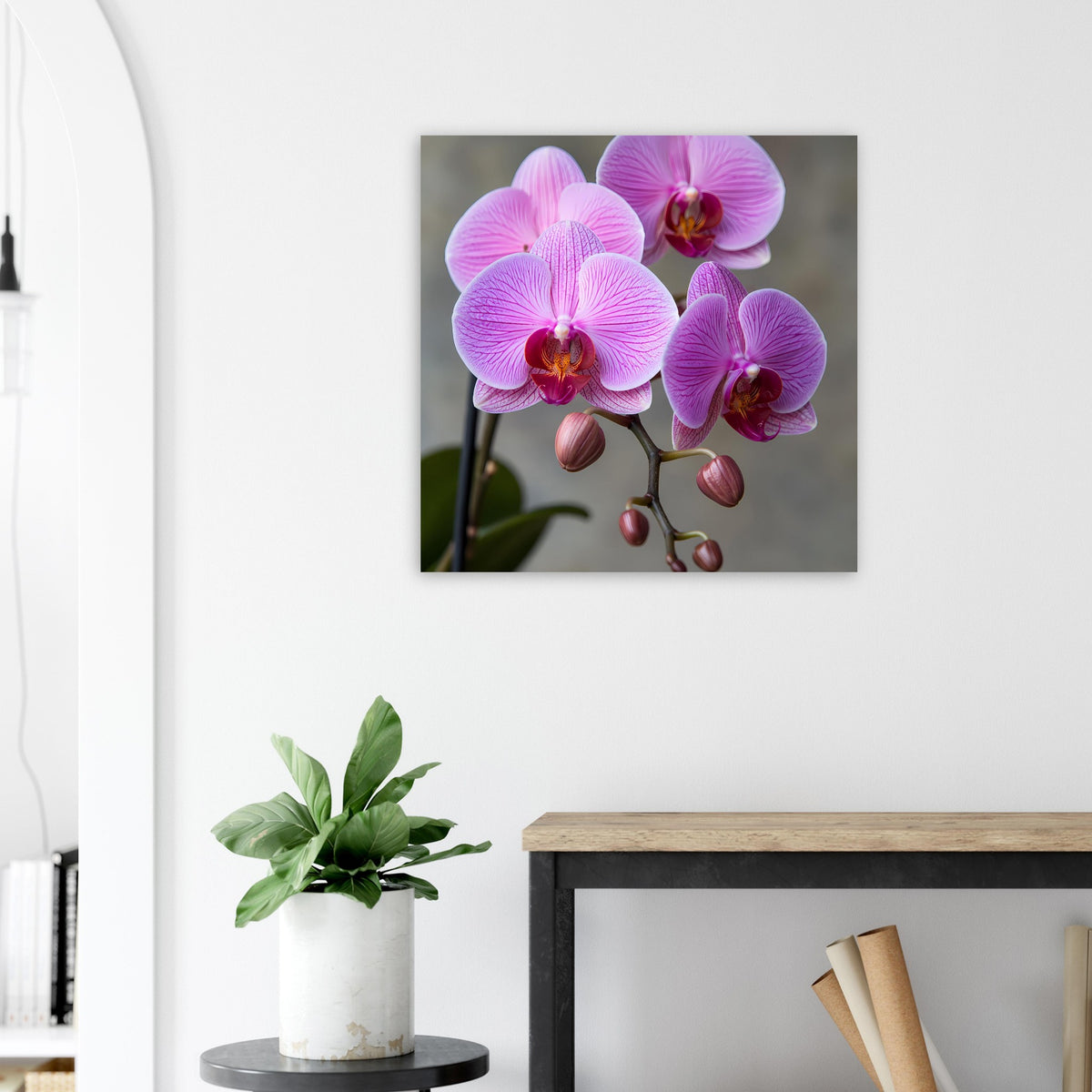 Orchideen-Porträt-Poster mit violettrosa Orchideenblüten und Blütenstiel