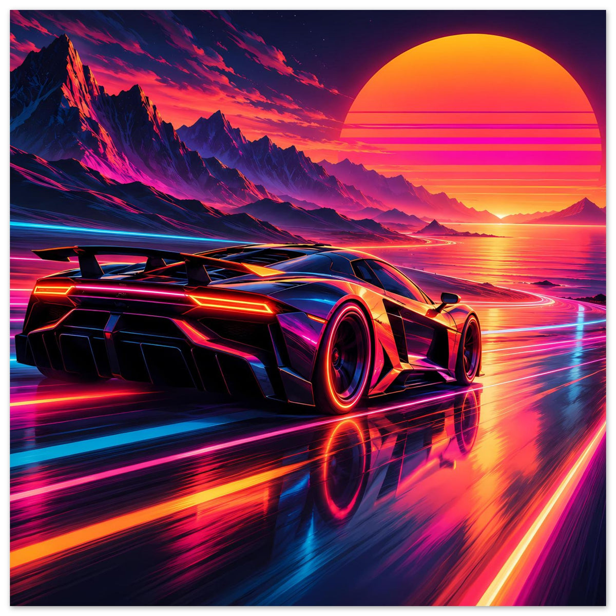 Poster: Breites Neon-Supercar, kräftige Rot- und Blautöne, Sonnenuntergangslandschaft mit Lichtspuren.