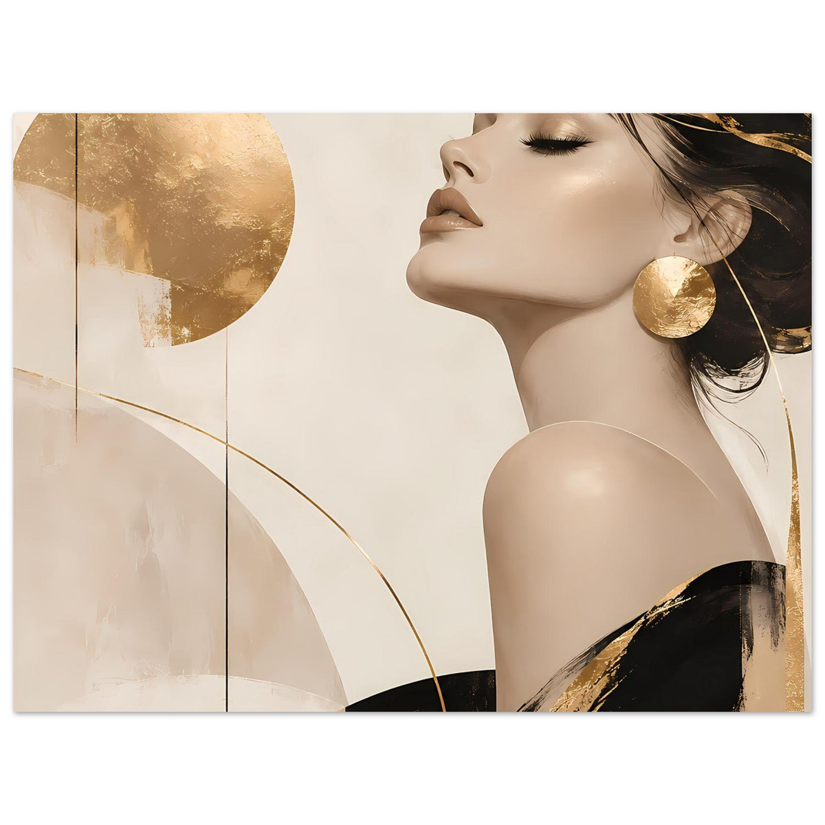 Premium-Poster mit Frauenporträt im Profil, goldene Ohrringe und geschwungene Goldlinien