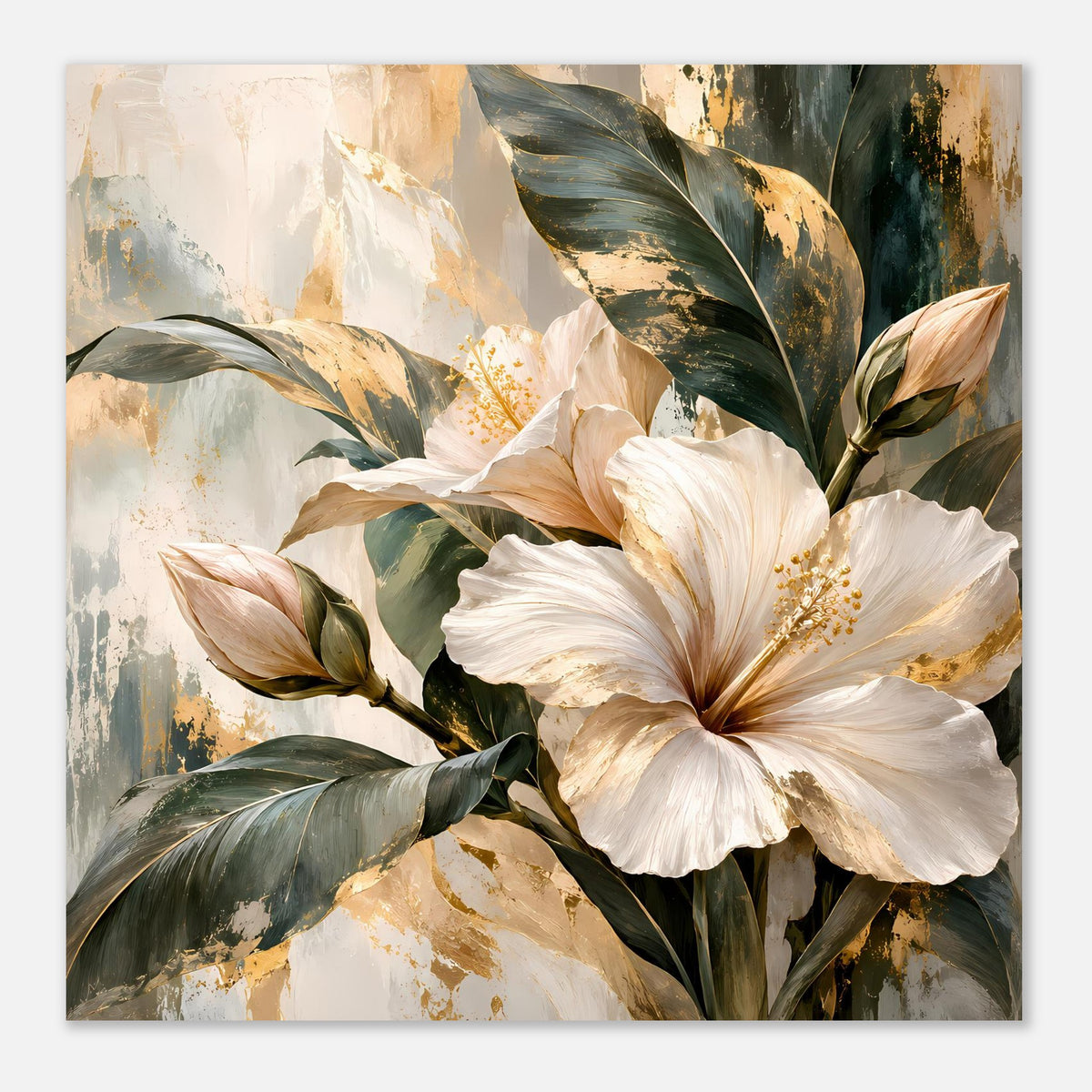 Blumenposter mit Hibiskusblüte im Fokus, goldene Akzente, große dunkelgrüne Blätter