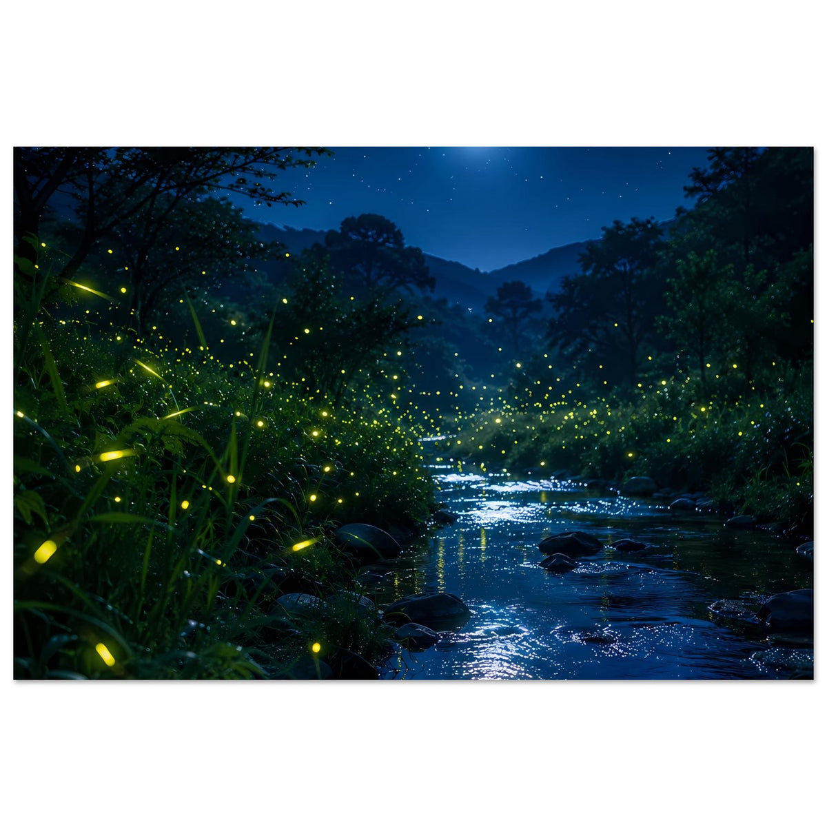 Querformat-Wandposter: mondbeleuchteter Flusslauf mit leuchtenden Glühwürmchen und Steinen