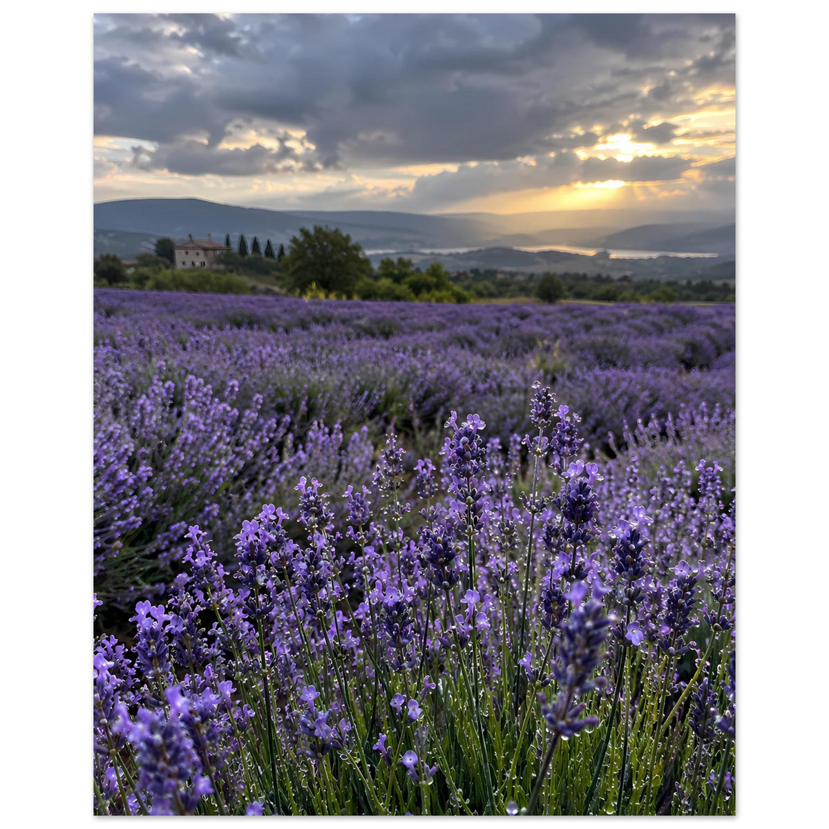 Poster mit Lavendelfeld, violette Blütenreihen und Häuser in der Landschaft bei Abendlicht