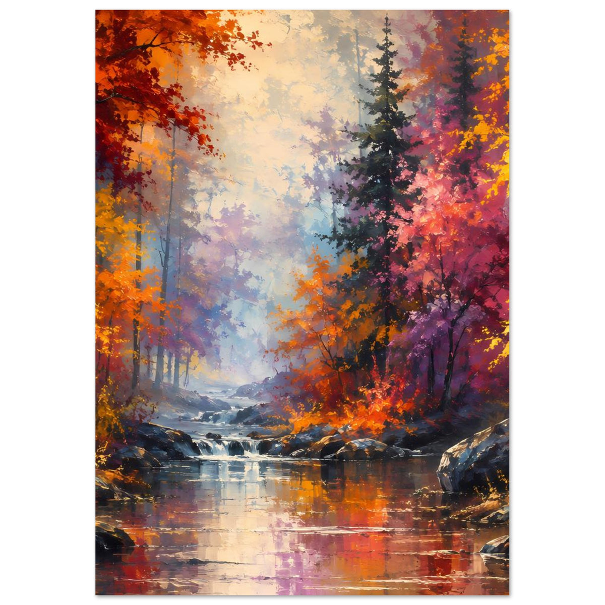Hochformatiges Poster mit farbenreichem Herbstwald, Wasserfall und Felsbrocken im Fluss