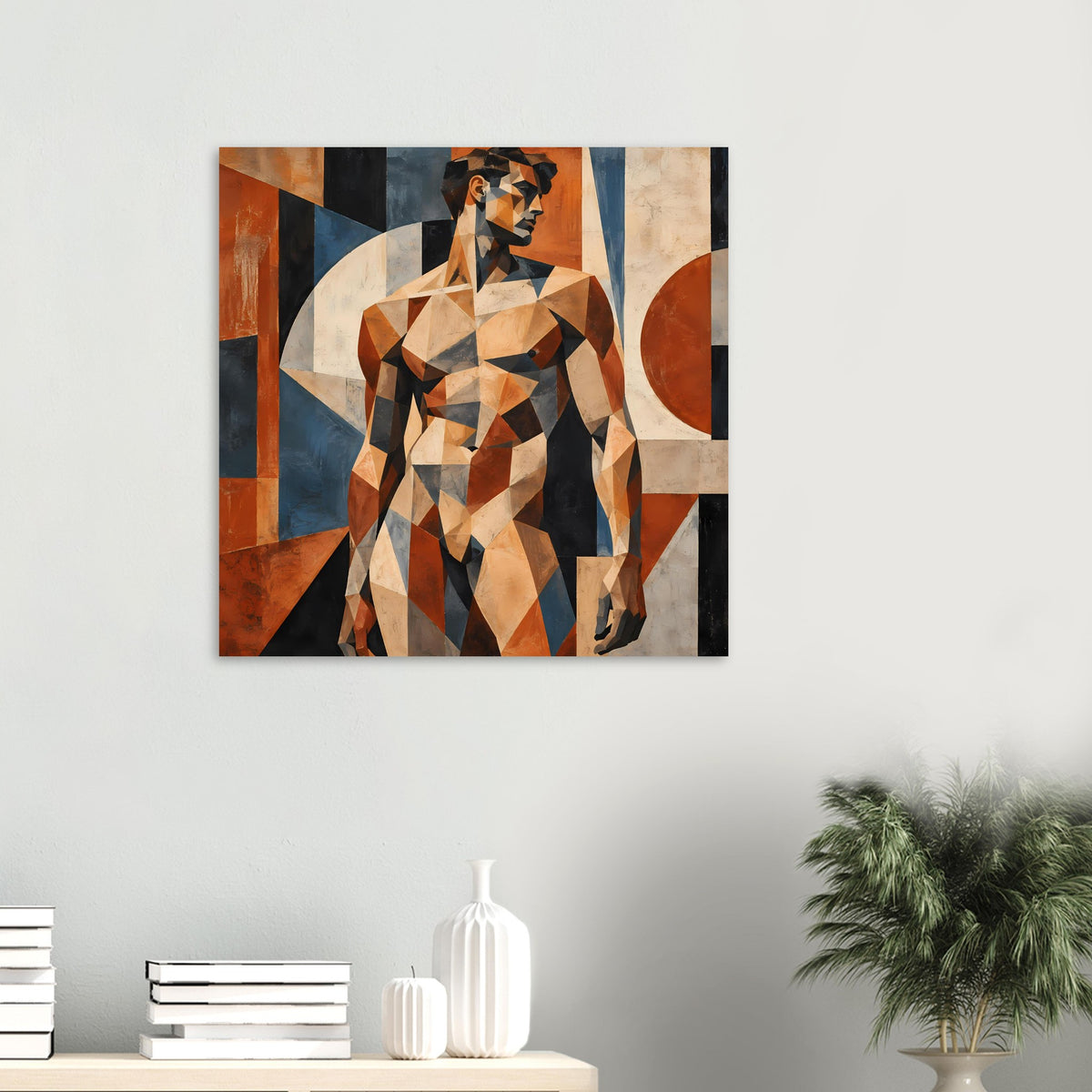 Kleiner Wand-Kunstdruck: geometrische Aktfigur eines Mannes in warmen Erdtönen