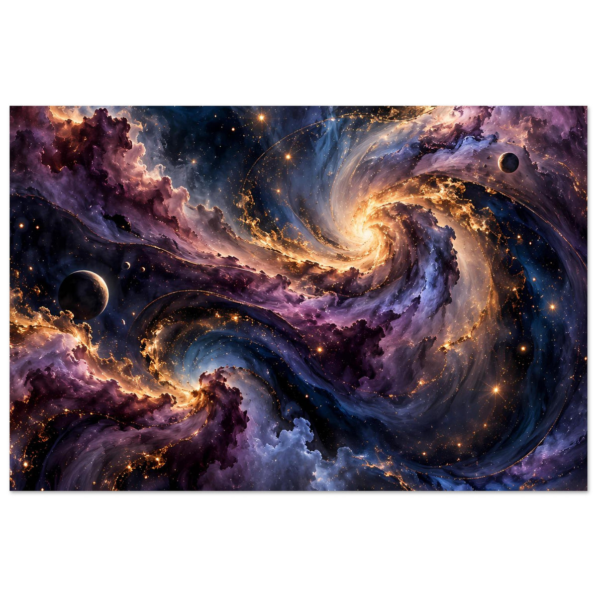 Horizontales Poster mit Spiralgalaxie, leuchtendem Zentrum, Planetenringen und Sternen im All