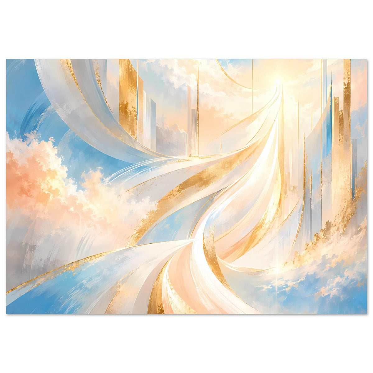 Abstraktes Wandposter im Querformat mit goldenen Akzenten, hellblauen Bögen und Wolken