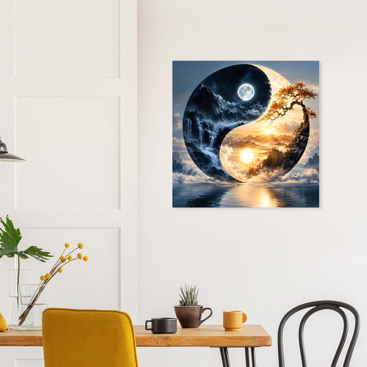 Quadratisches Yin-Yang-Landschaftsposter mit Mond und Sonne in dunklem Blau und Gold.