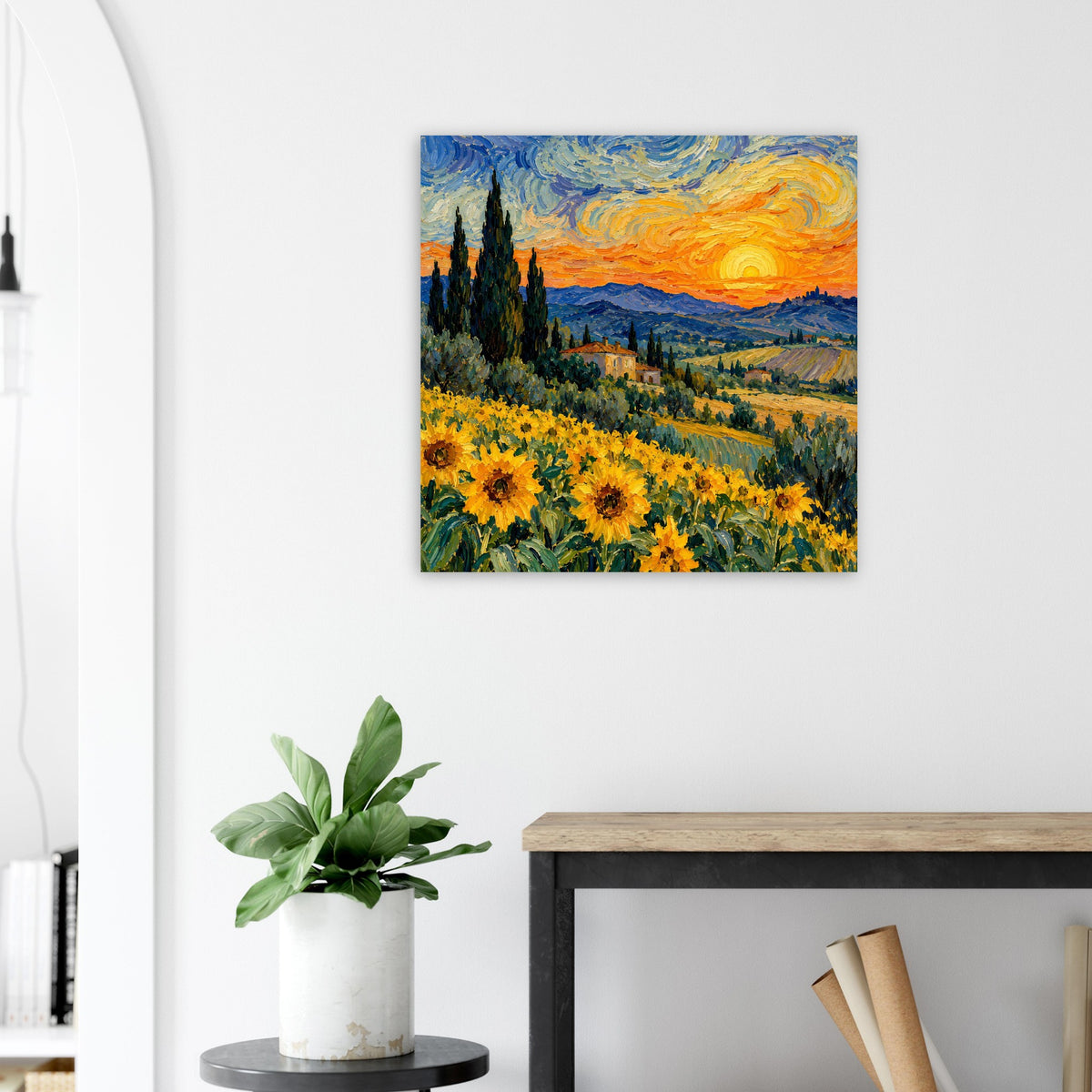 Quadratisches Kunstposter: Sonnenblumen im Vordergrund, Landschaft und untergehende Sonne