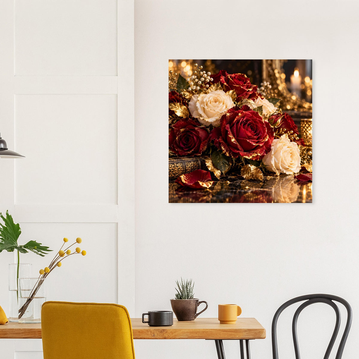 Rosenstrauß-Poster im schwarzen Rahmen mit goldfarbenen Schmucktönen und bordeauxroten Rosen in Nahoptik.