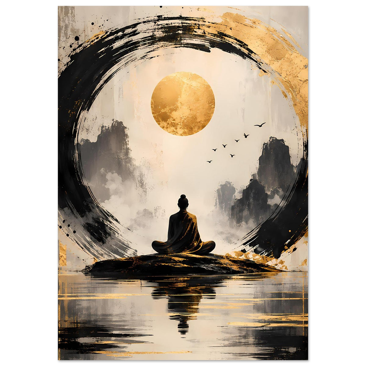 Meditationsposter mit Meditierendem, goldenem Mond, dunklem Halbkreis und Vögeln in der Mitte