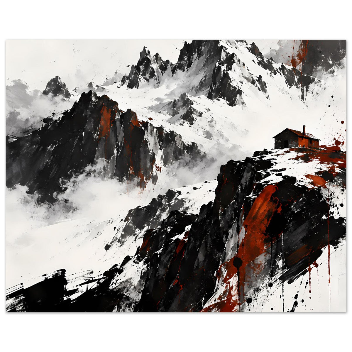 Horizontales Poster: dramatische Berglandschaft mit schwarzen Konturen und roten Akzenten